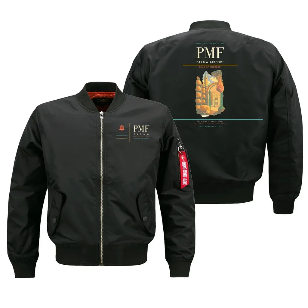 Parma Airport (PMF) design on black bomber jacket