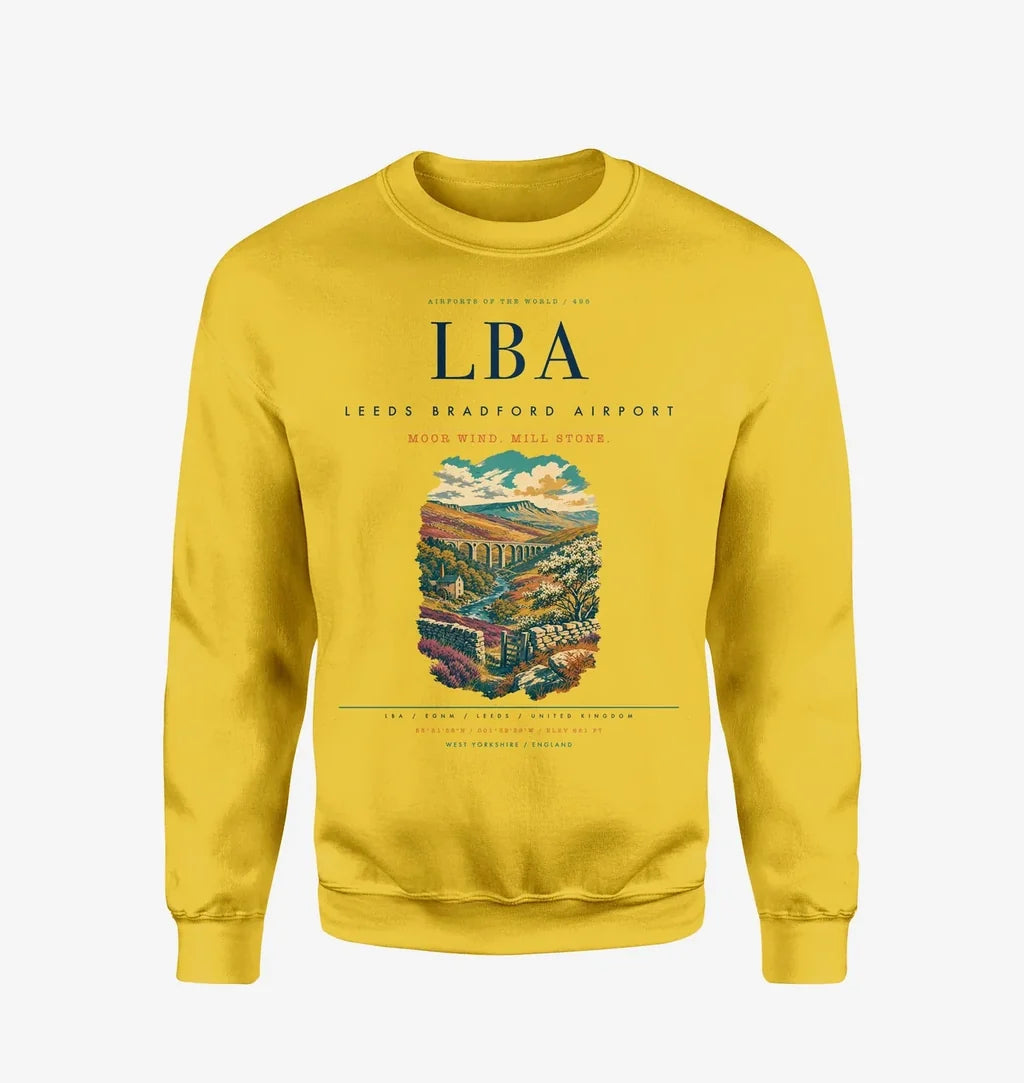 Leeds Bradford Airport (LBA) design on yellow sweatshirt