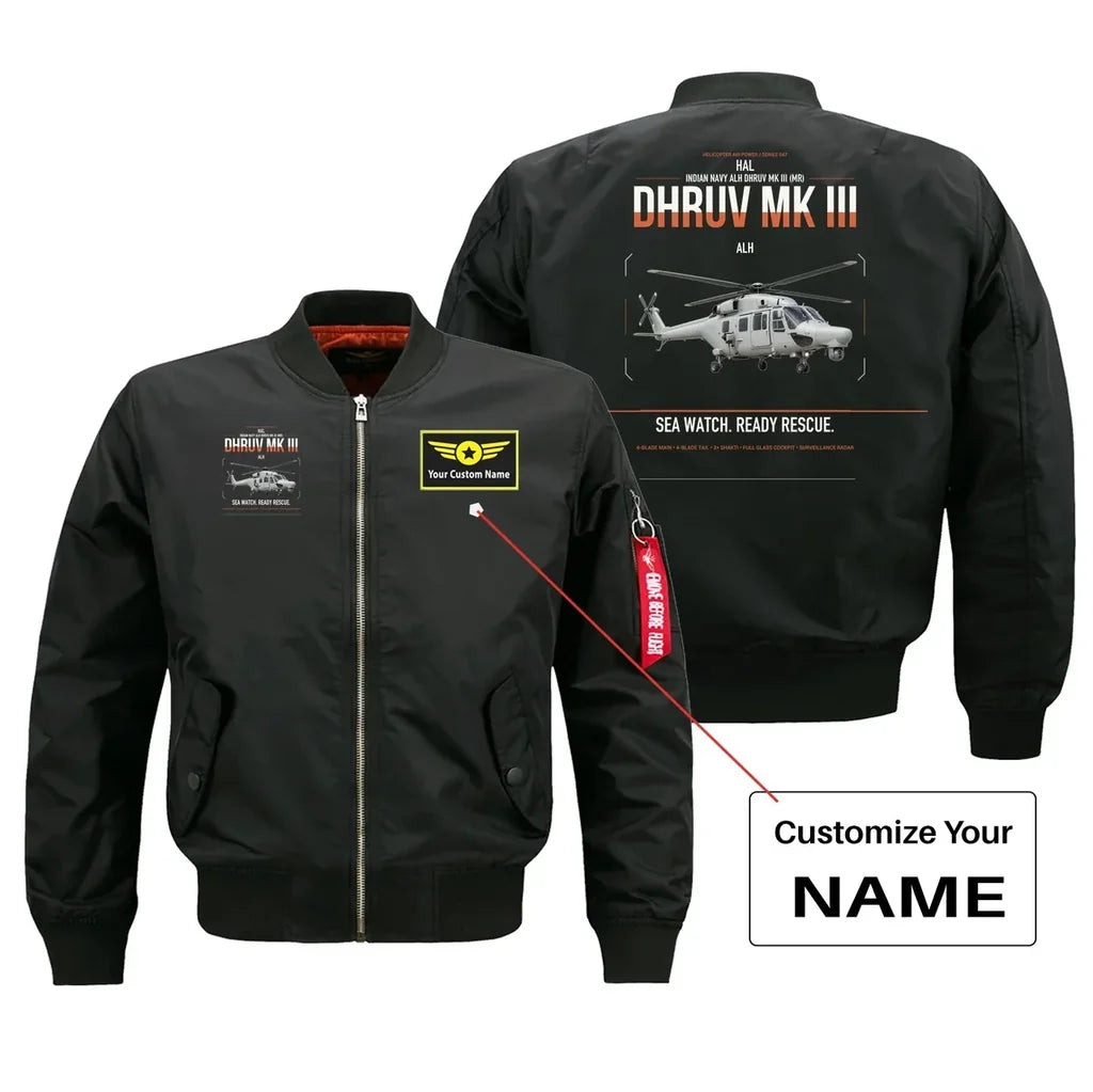 HAL ALH Dhruv Mk III design on black+name bomber jacket, double-side print