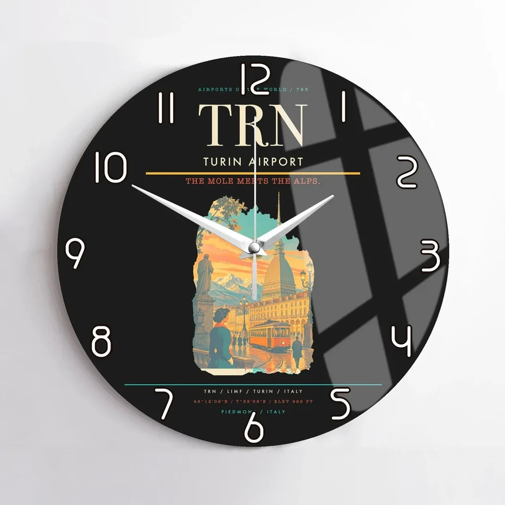 Turin Airport (TRN) design on black no frame wall clock