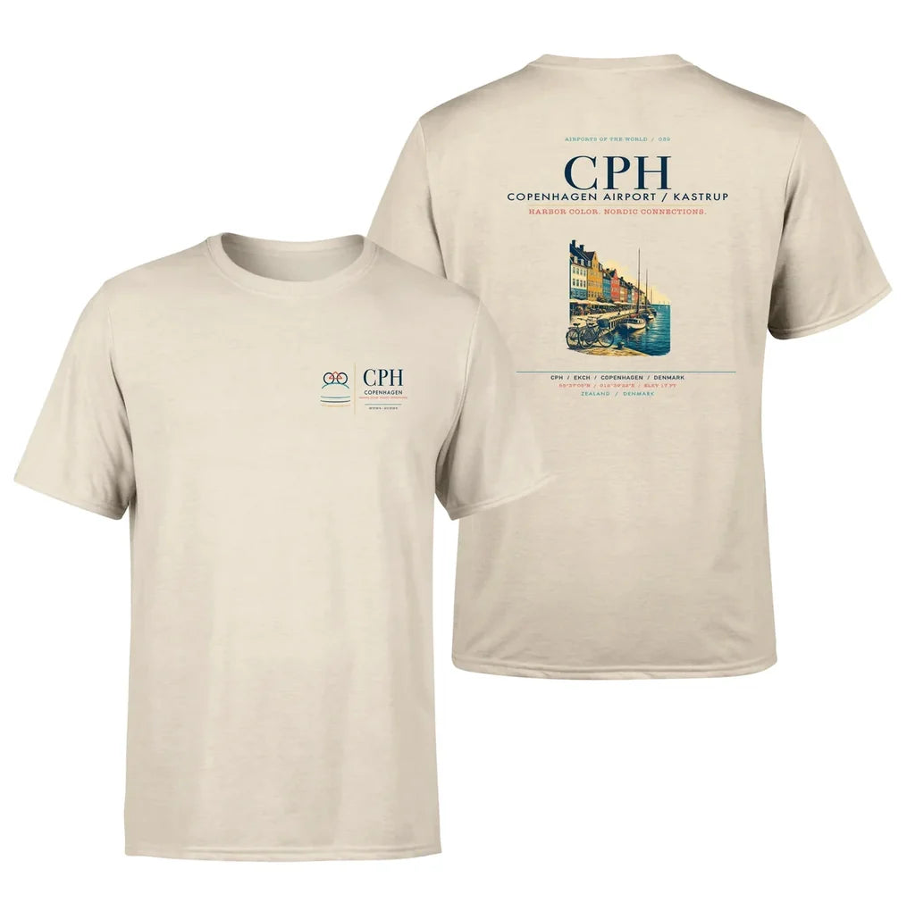 Copenhagen Airport (CPH) design printed on beige double-side t-shirt