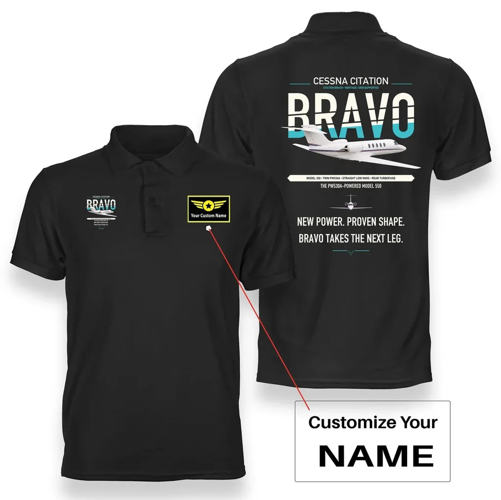 Cessna Citation Bravo design on black+name double-side polo t-shirt, double-side print