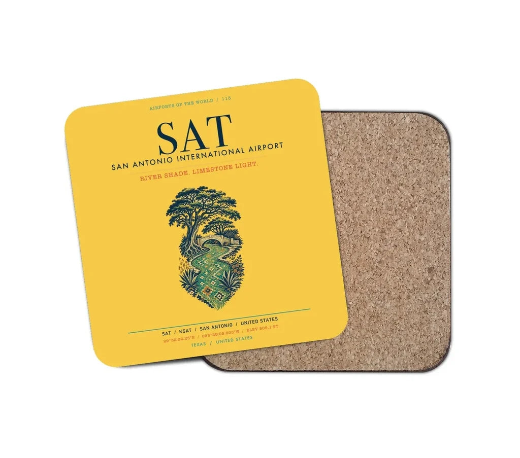 San Antonio International Airport (SAT) design on yellow 1 piece coaster