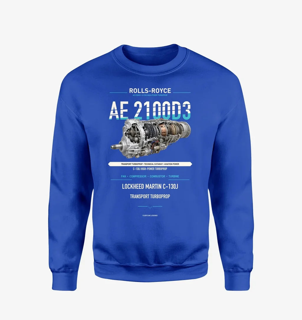 AE 2100D3 design on blue sweatshirt
