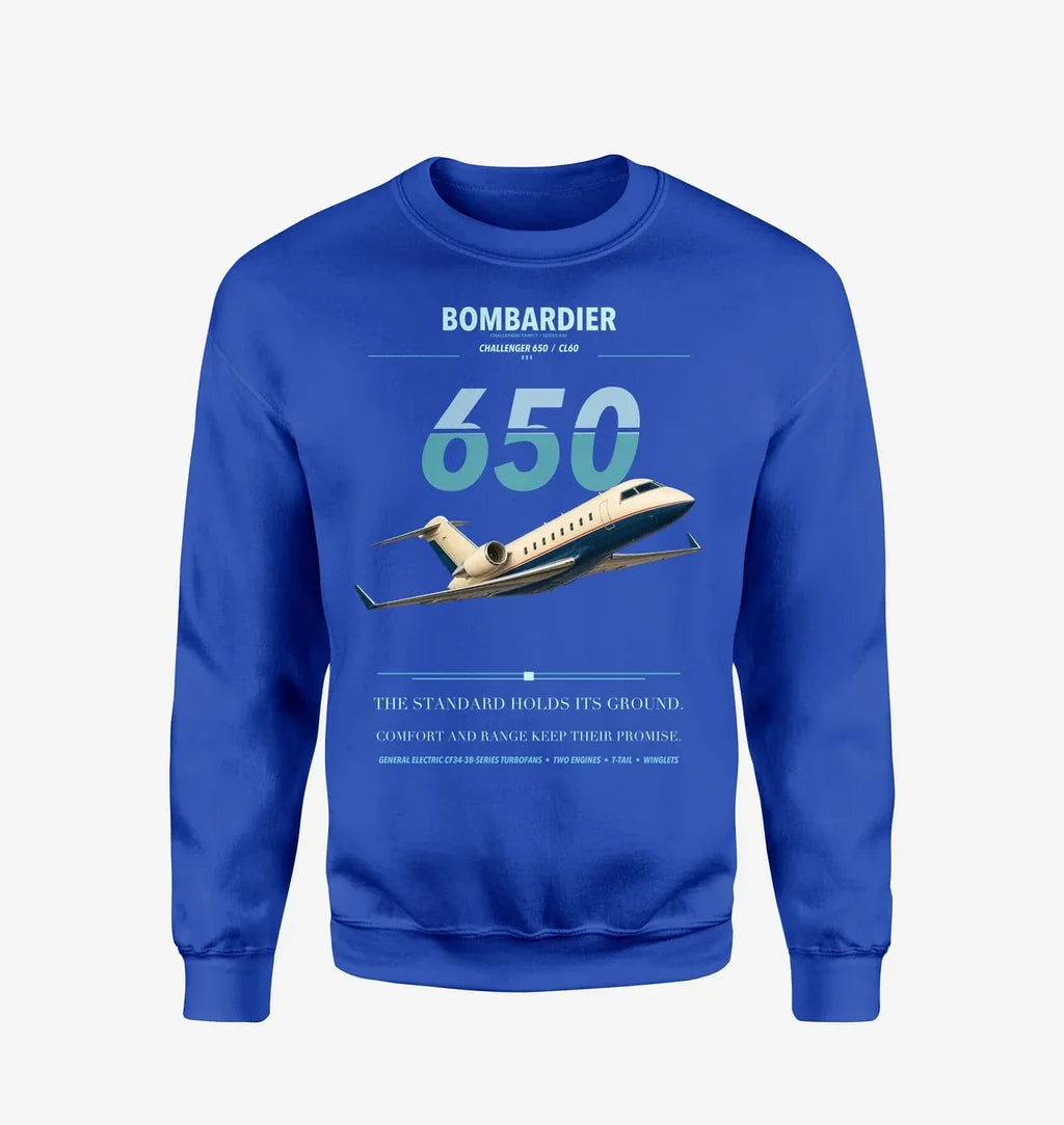 Bombardier Challenger 650 design on blue sweatshirt