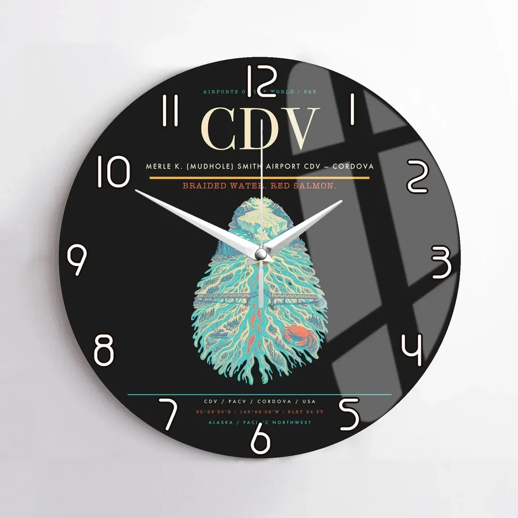 Merle K. (Mudhole) Smith Airport (CDV) design on black no frame wall clock
