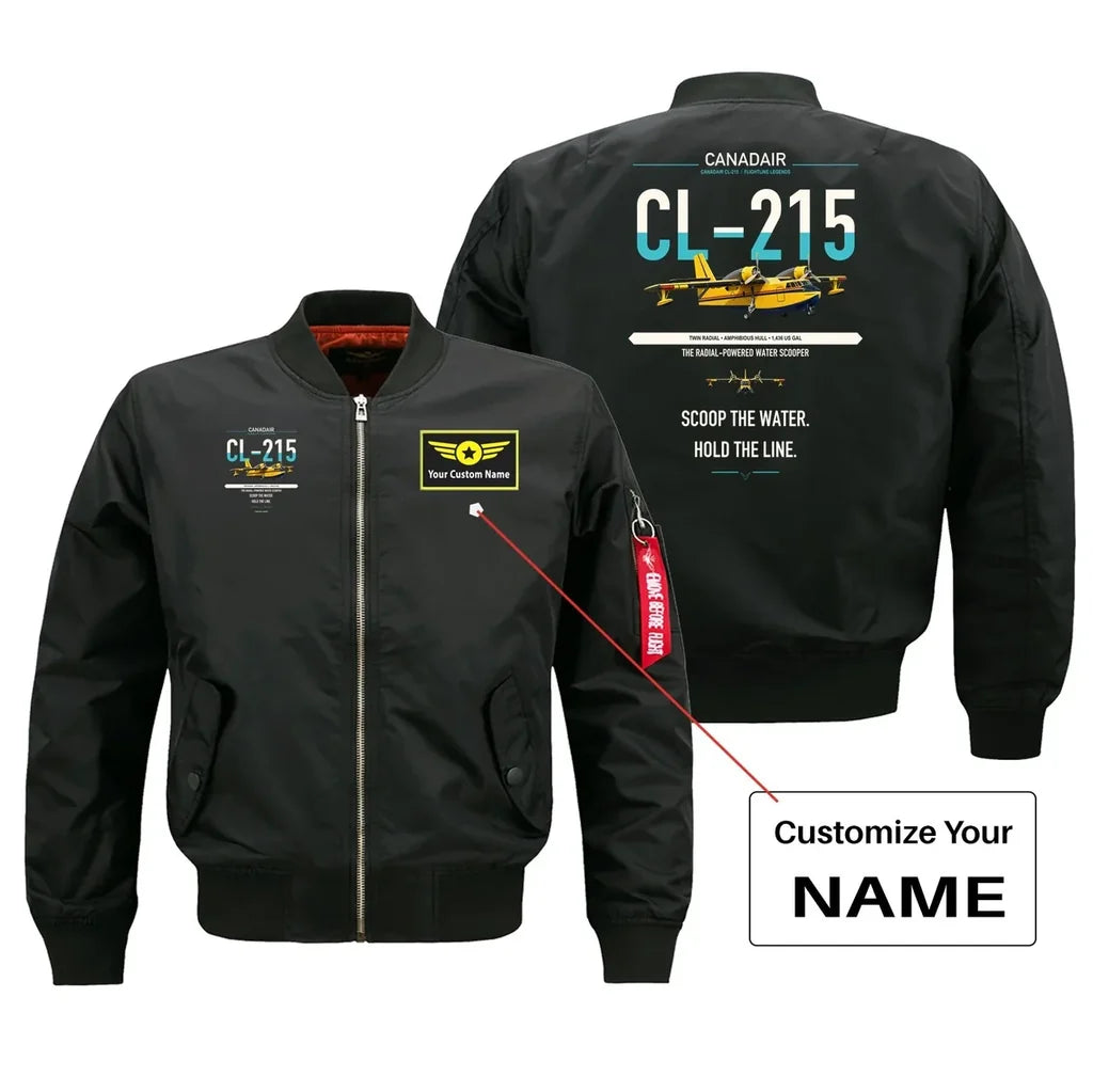 Canadair CL-215 design on black+name bomber jacket, double-side print