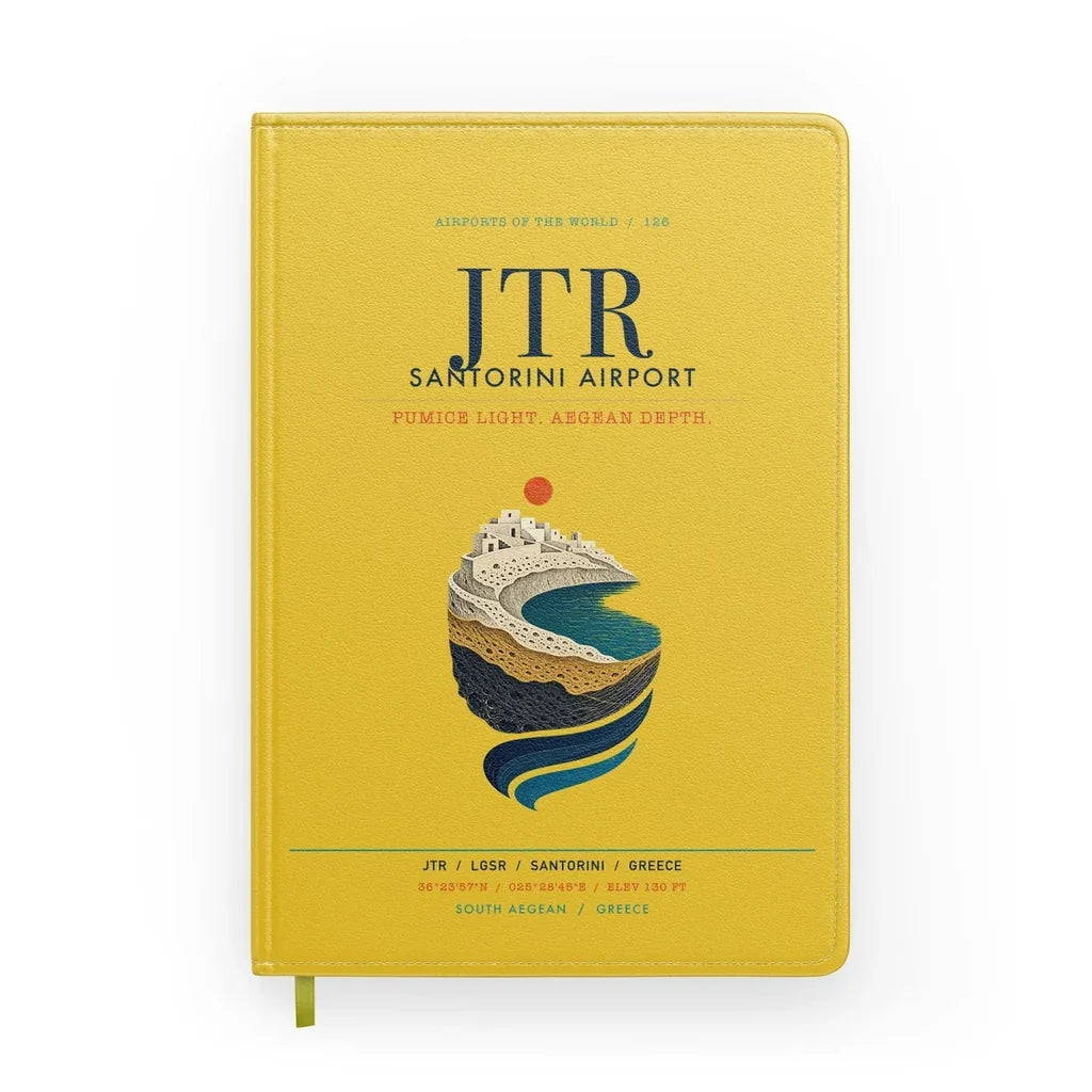 Santorini Airport (JTR) design on yellow notebook