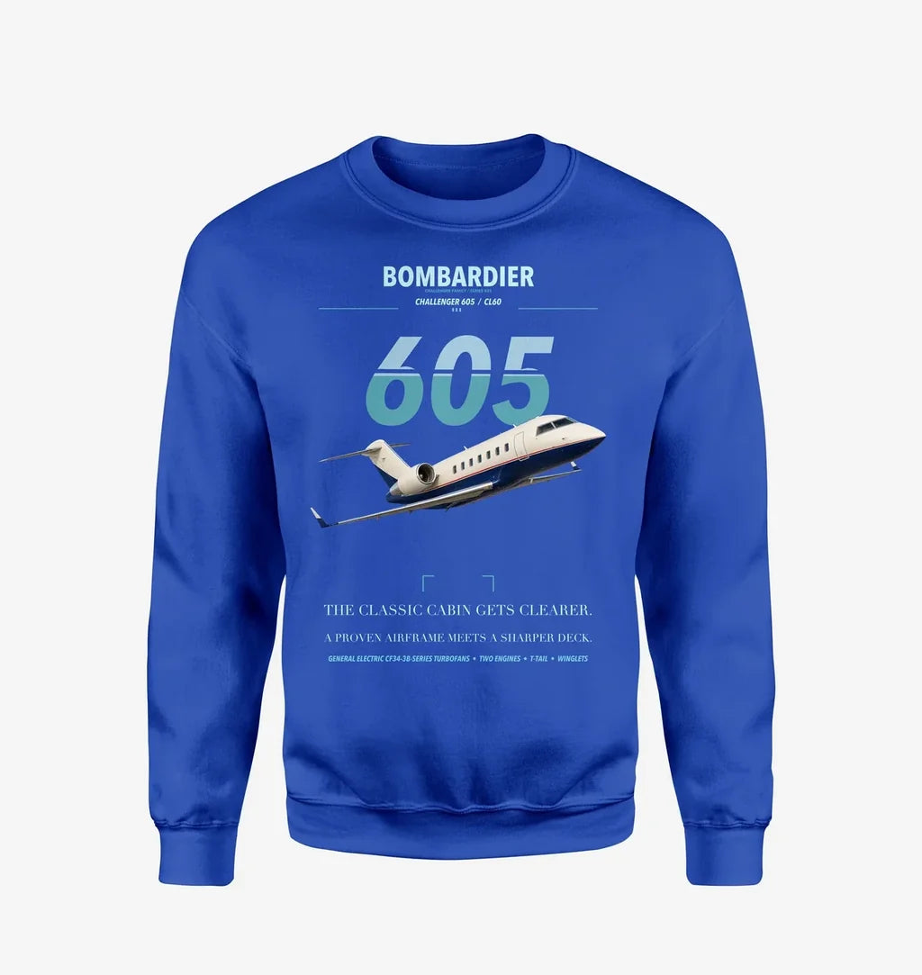 Bombardier Challenger 605 design on blue sweatshirt