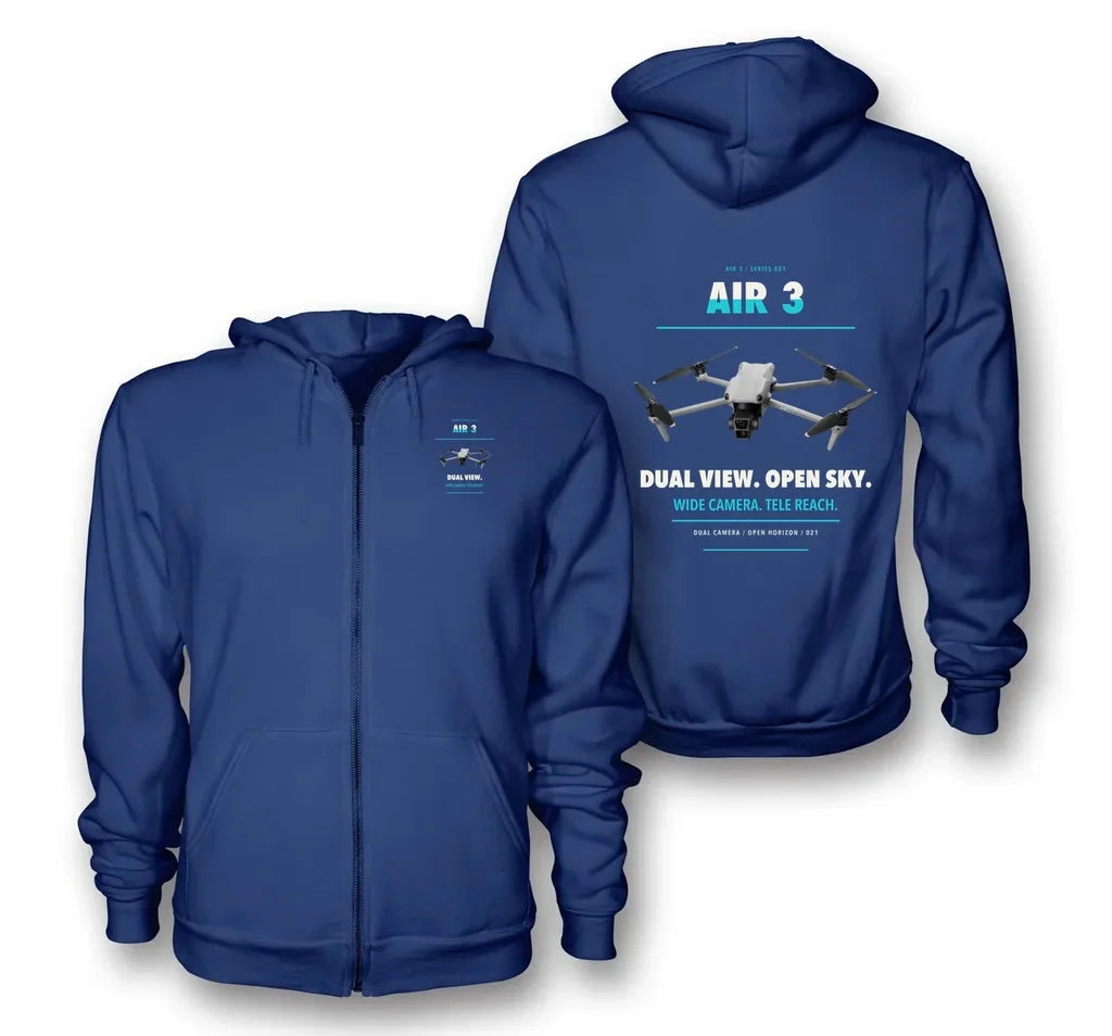 DJI Air 3 design on blue zipped hoodie