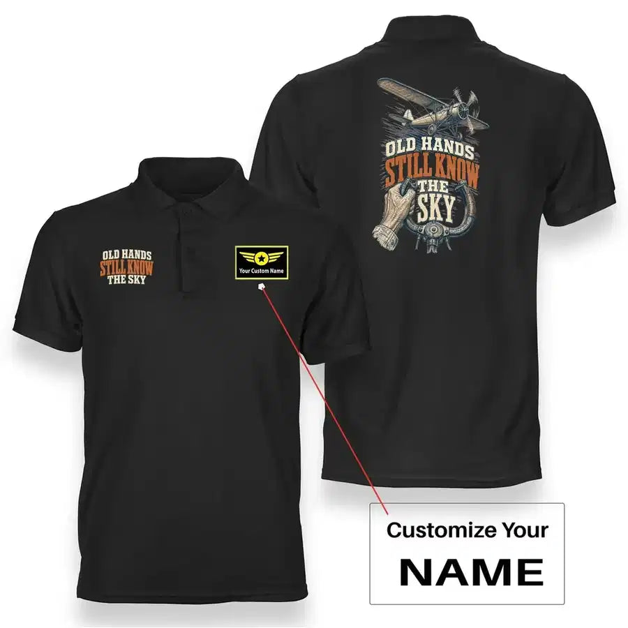 SIGNAL 632 - Old Hands Still Know The Sky - Double-Side Polo design on black double side polo with custom name badge