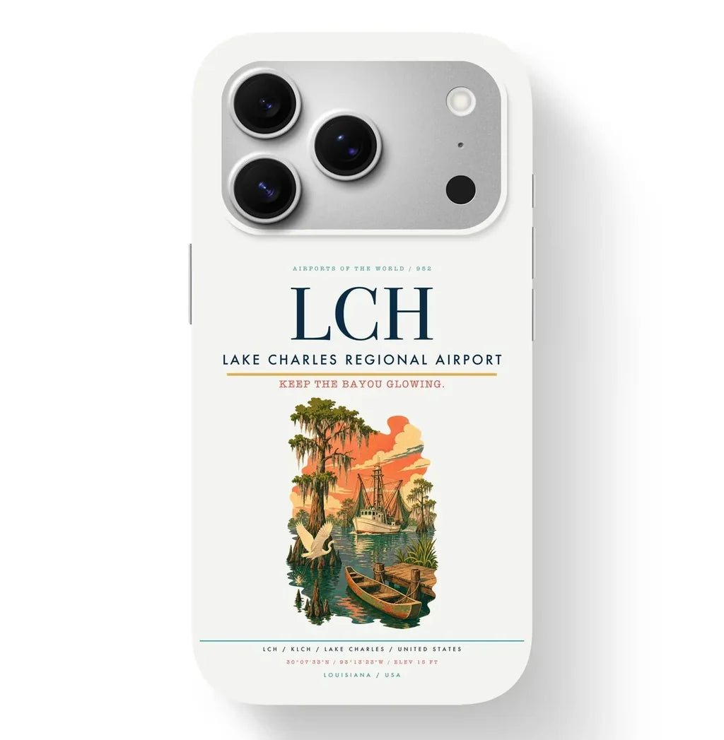 Lake Charles Airport (LCH) design on white iPhone 17 Pro MagSafe case