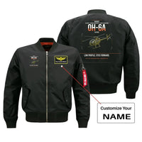 Thumbnail for Hughes OH-6A Cayuse design on black+name bomber jacket, double-side print