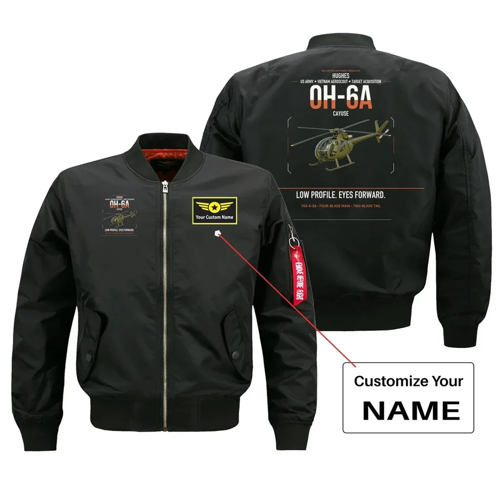 Hughes OH-6A Cayuse design on black+name bomber jacket, double-side print