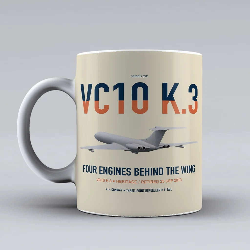 Vickers VC10 K.3 design on beige ceramic mug, double-side print