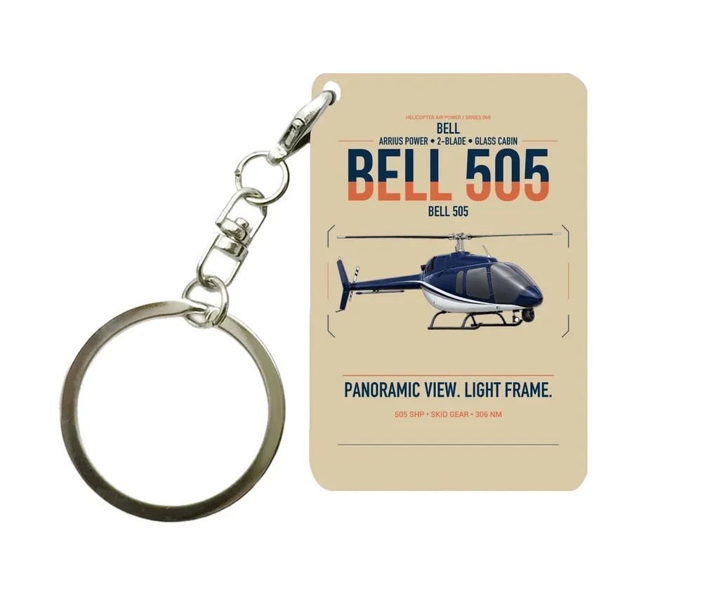 Bell 505 design on beige designed key chain, double-side print