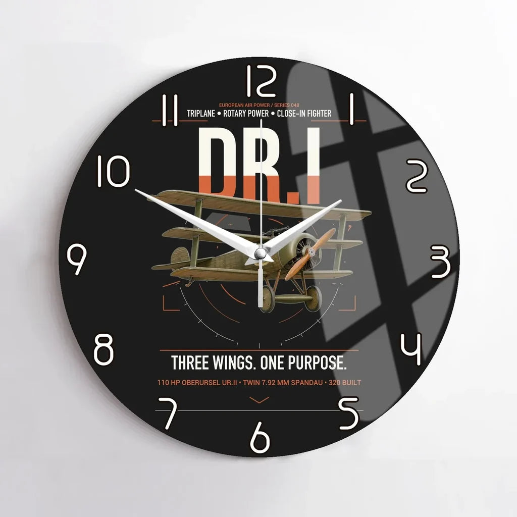 Fokker Dr.I design on black no frame wall clock