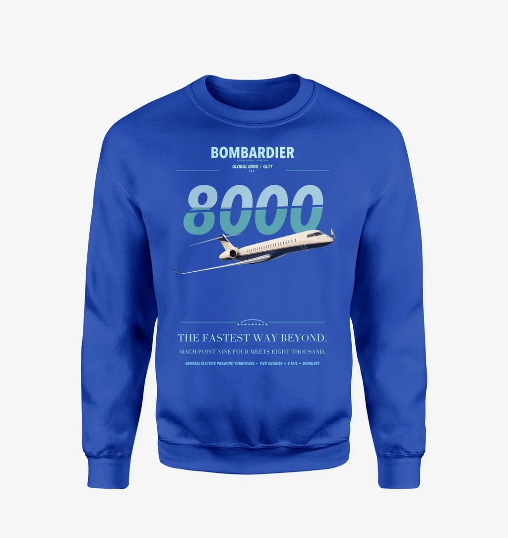 Bombardier Global 8000 design on blue sweatshirt