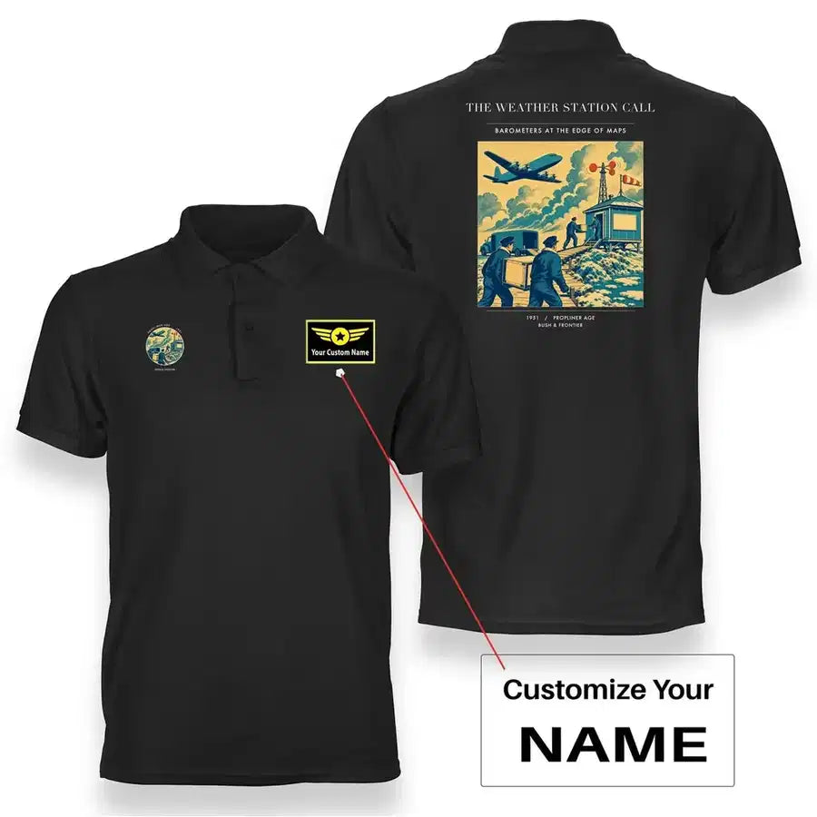 VINTAGE G4288 - The Weather Station Call - Double-Side Polo T-Shirt design on black+name