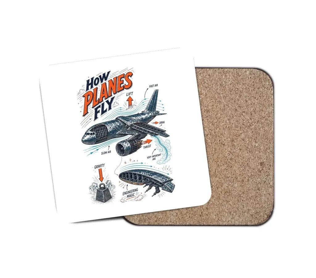 How Planes Fly V2 design on white 1 piece coaster