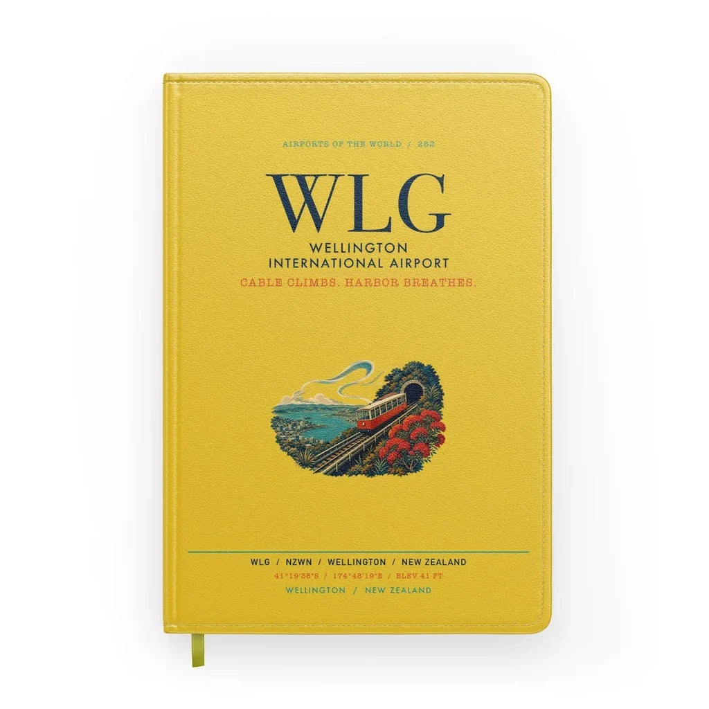 Wellington International Airport (WLG) design on yellow notebook