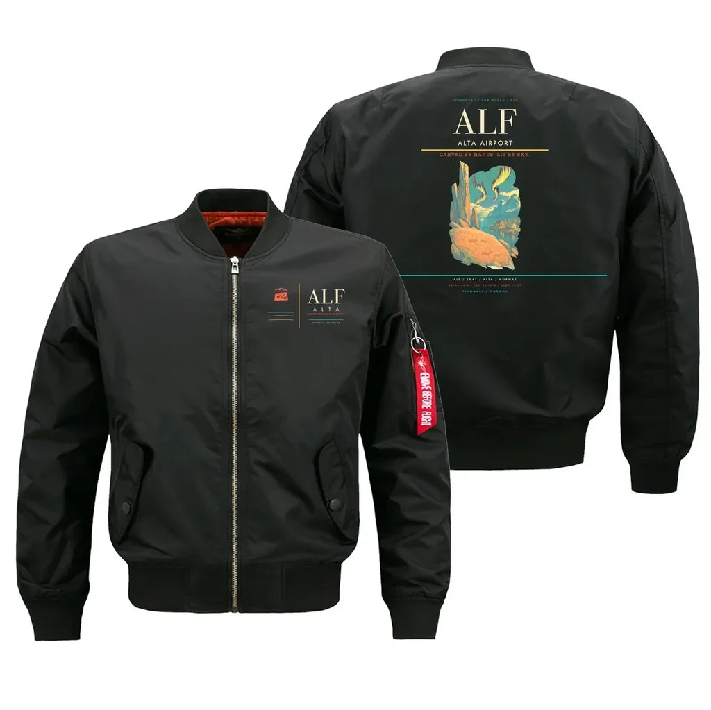 Alta Airport (ALF) design on black bomber jacket