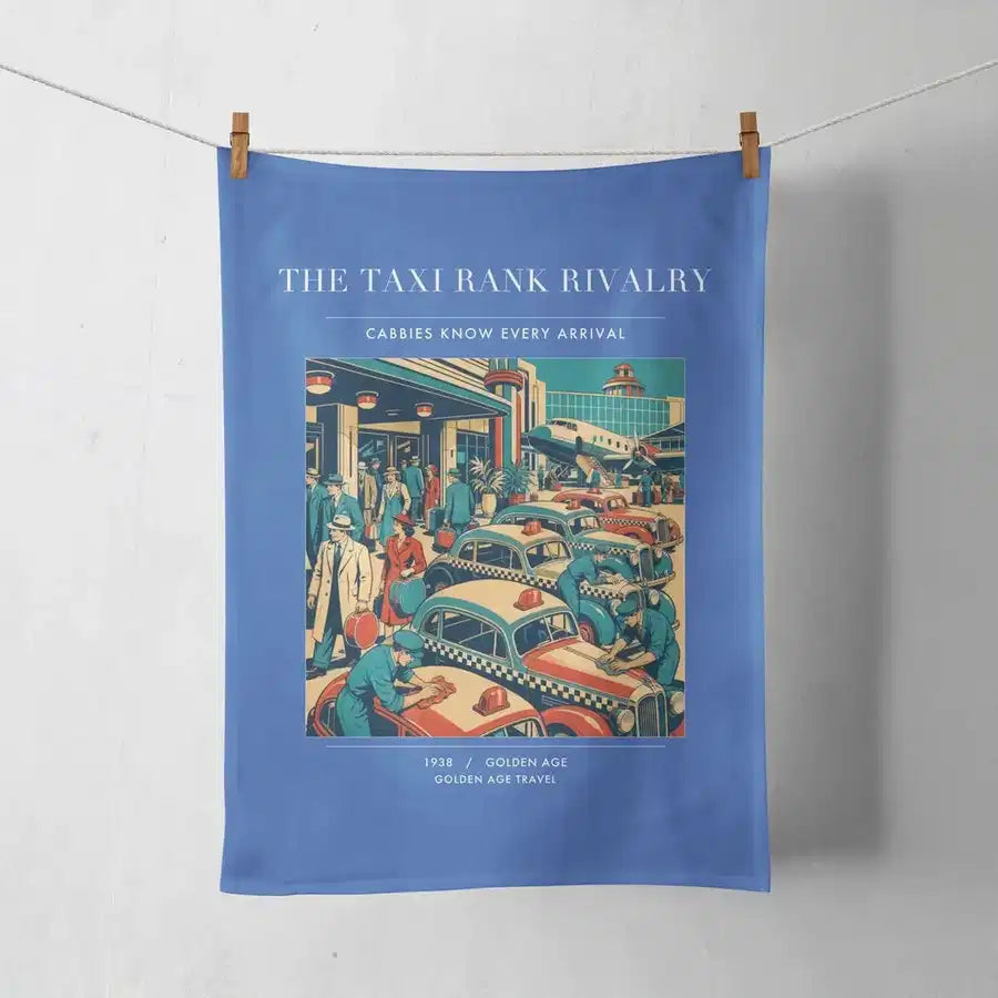 VINTAGE G4376 - The Taxi Rank Rivalry - Designed Towels design on blue