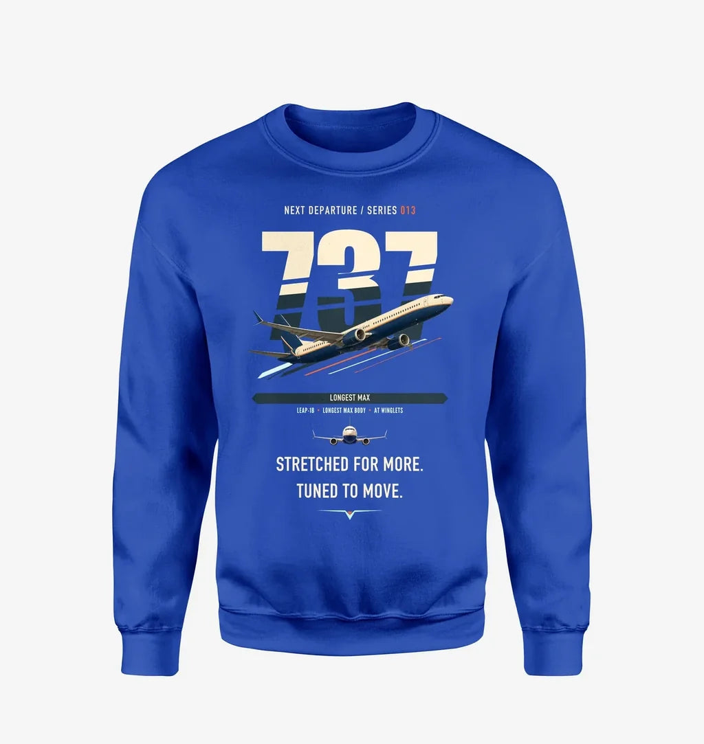 Boeing 737 MAX 10 design on blue sweatshirt
