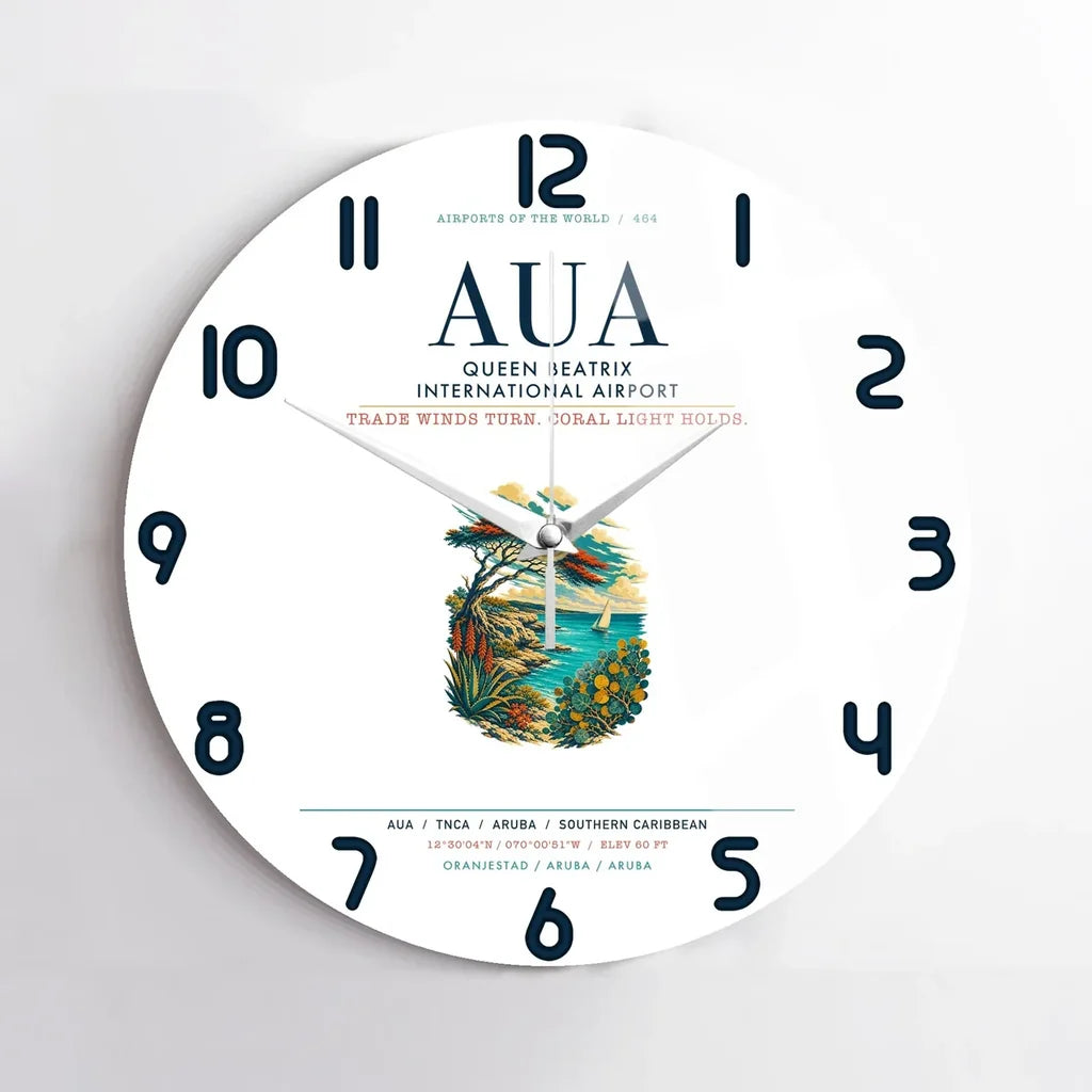Queen Beatrix International Airport (AUA) design on white no frame wall clock