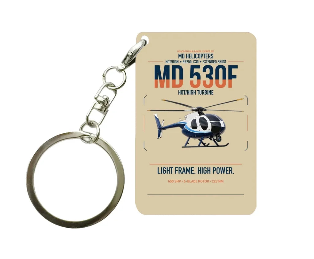 MD Helicopters MD 530F design on beige designed key chain, double-side print