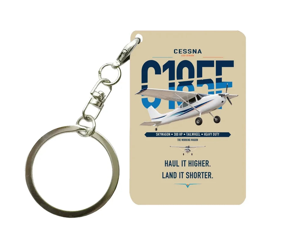 Cessna A185F Skywagon design on beige designed key chain, double-side print