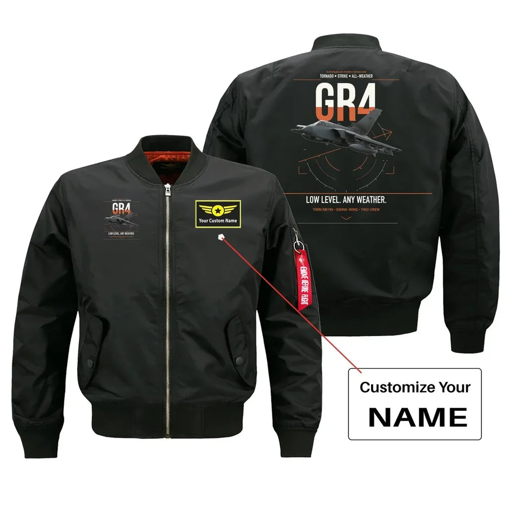 Panavia Tornado GR4 design on black+name bomber jacket, double-side print