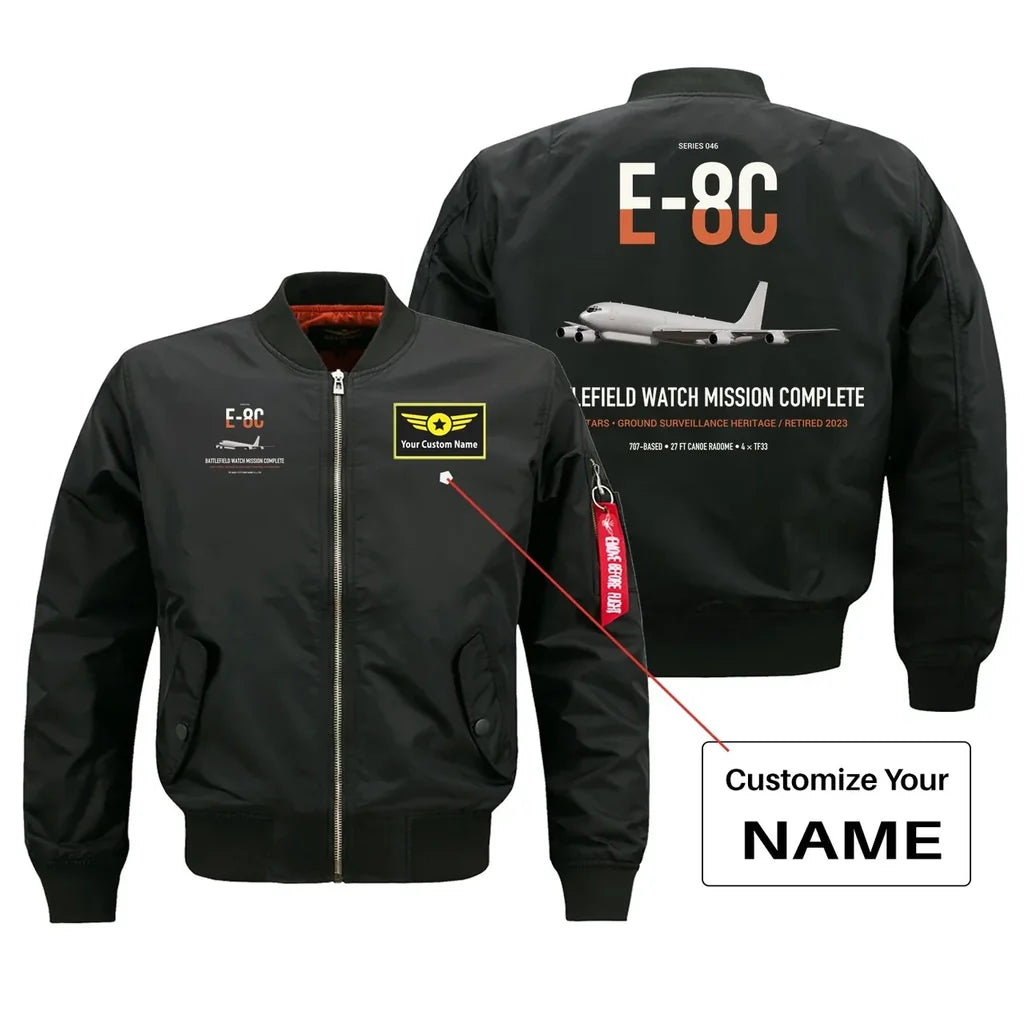 E-8C Joint STARS design on black+name bomber jacket, double-side print