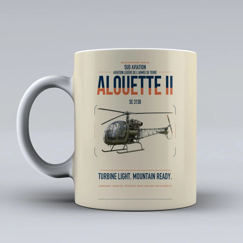 Sud Aviation SE 3130 Alouette II design on beige ceramic mug, double-side print