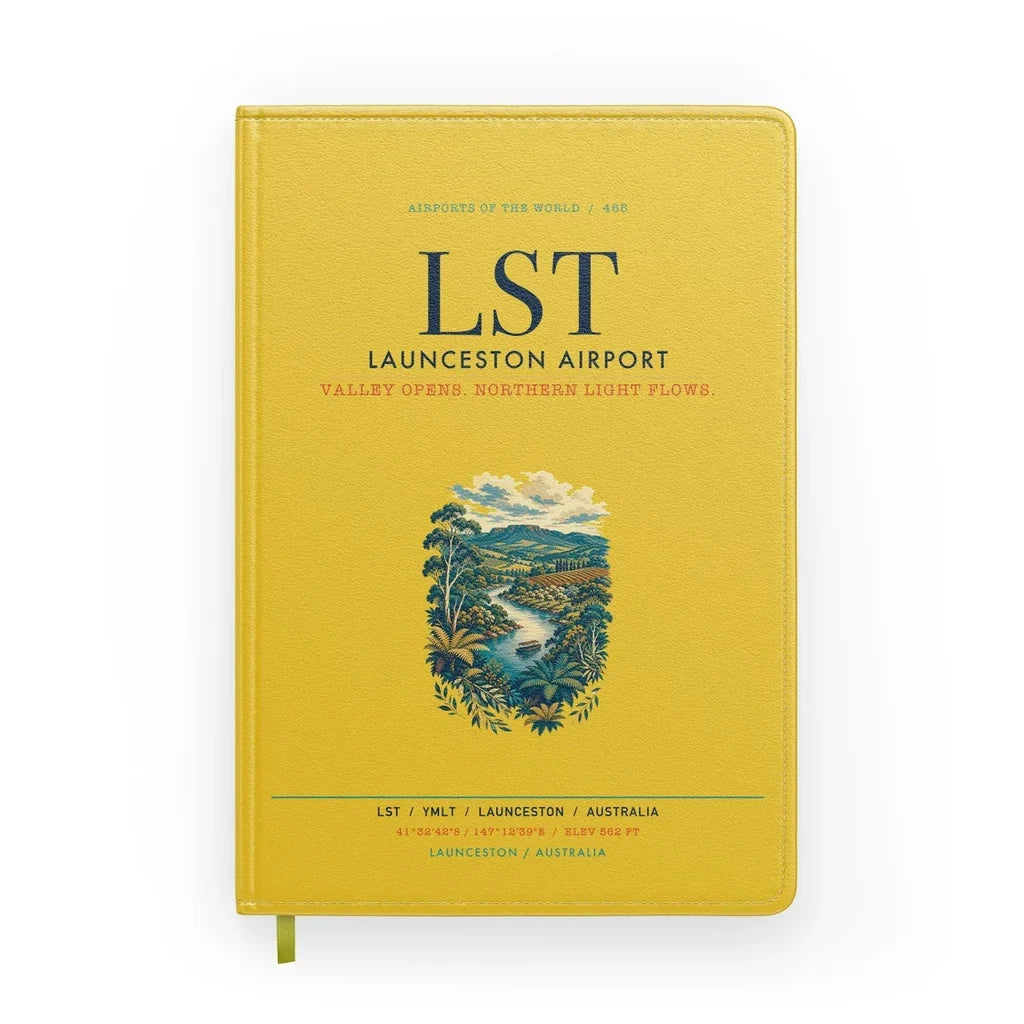 Launceston Airport (LST) design on yellow notebook