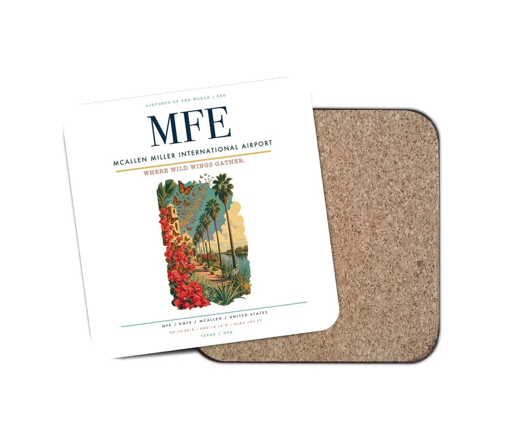 McAllen Miller International Airport (MFE) design on white 1 piece coaster
