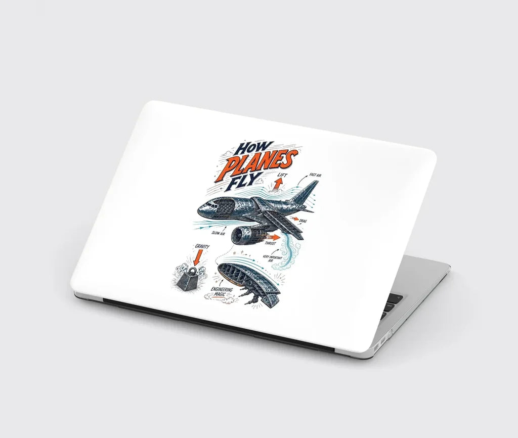 How Planes Fly V2 design on white MacBook case