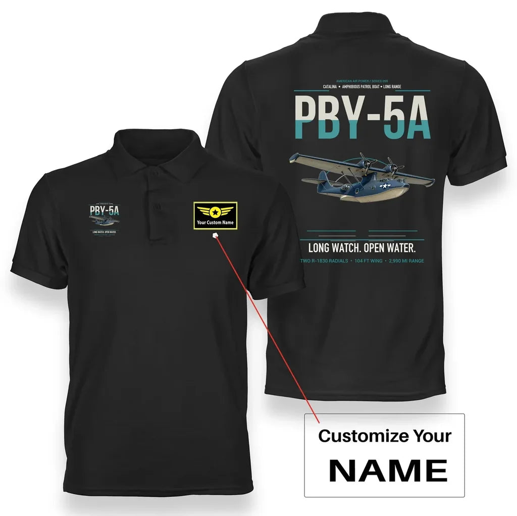 PBY-5A Catalina design on black+name double-side polo t-shirt, double-side print