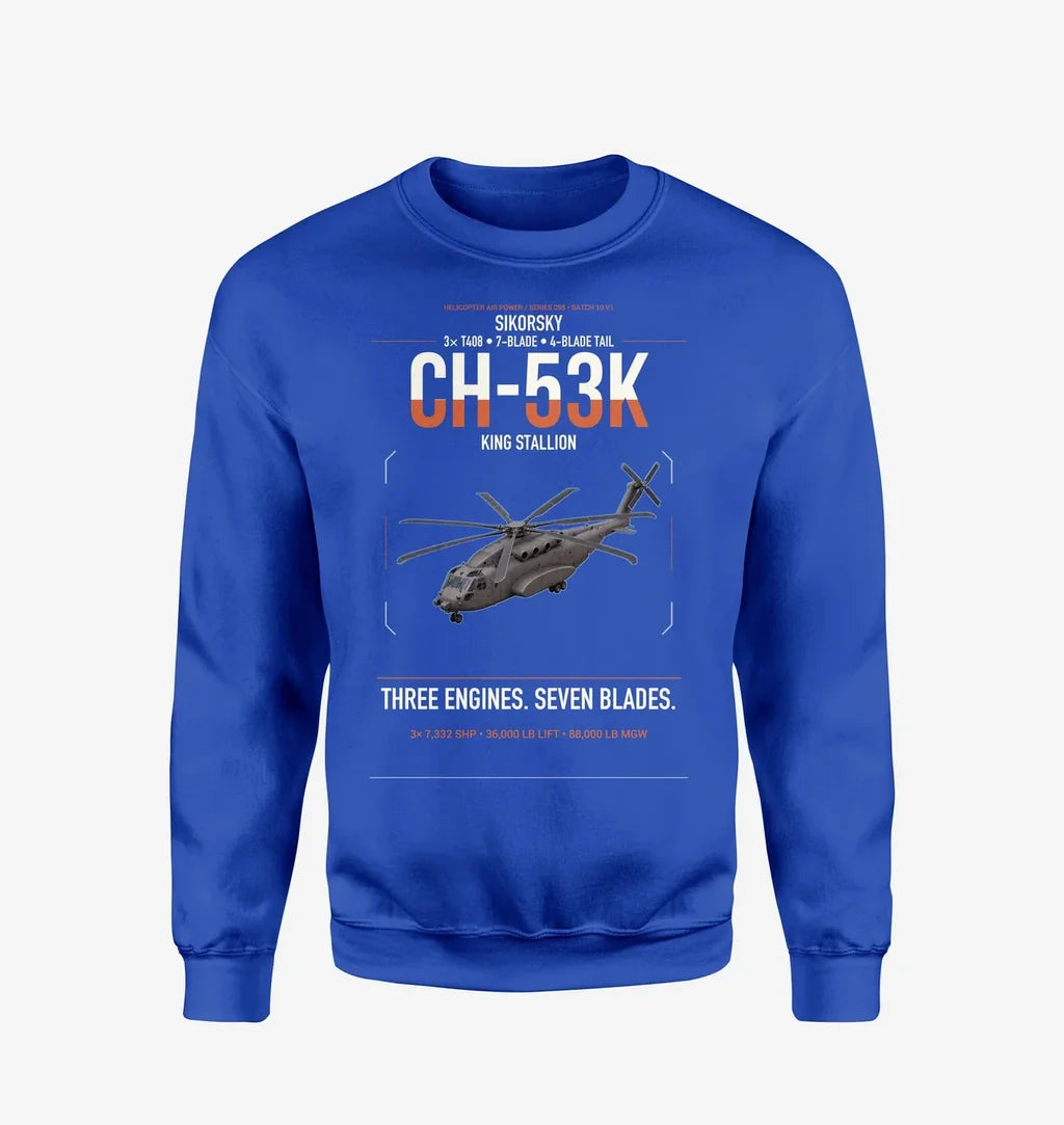 Sikorsky CH-53K King Stallion design on blue sweatshirt