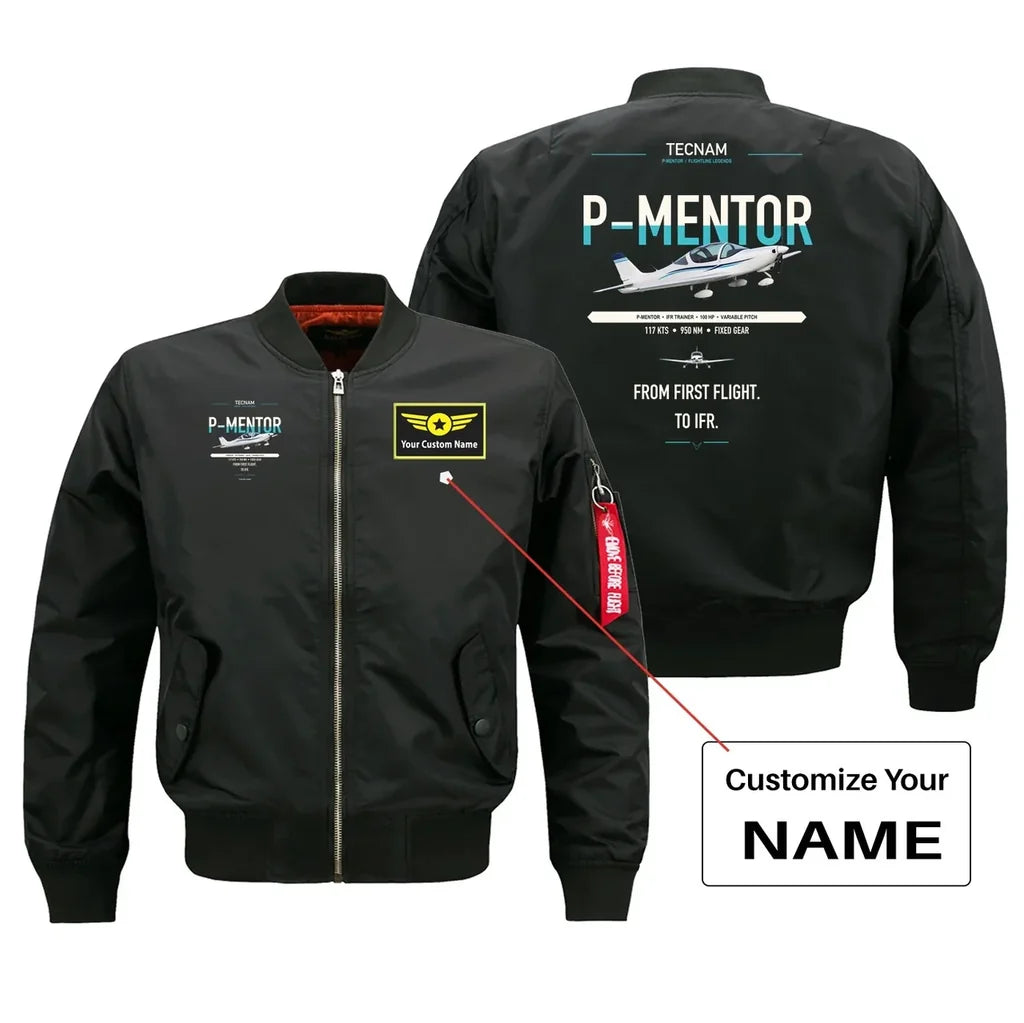 Tecnam P-Mentor design on black+name bomber jacket, double-side print