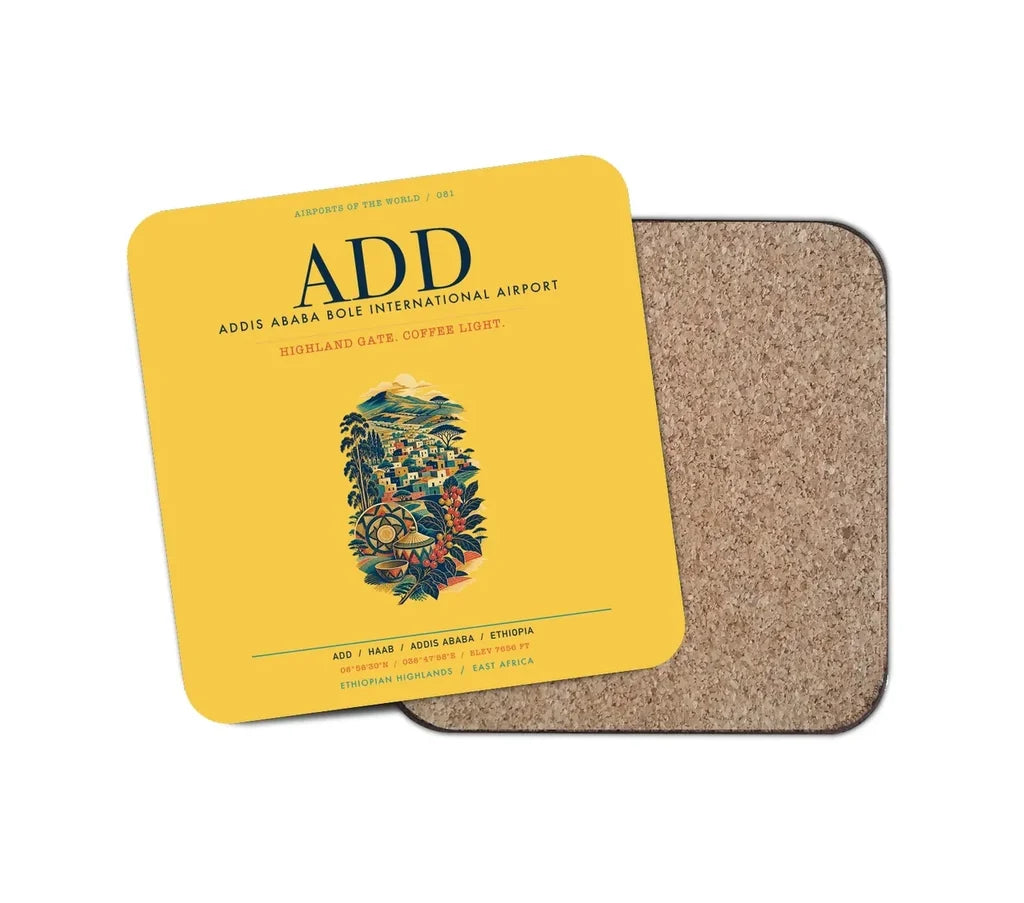 Addis Ababa Bole International Airport (ADD) design on yellow 1 piece coaster