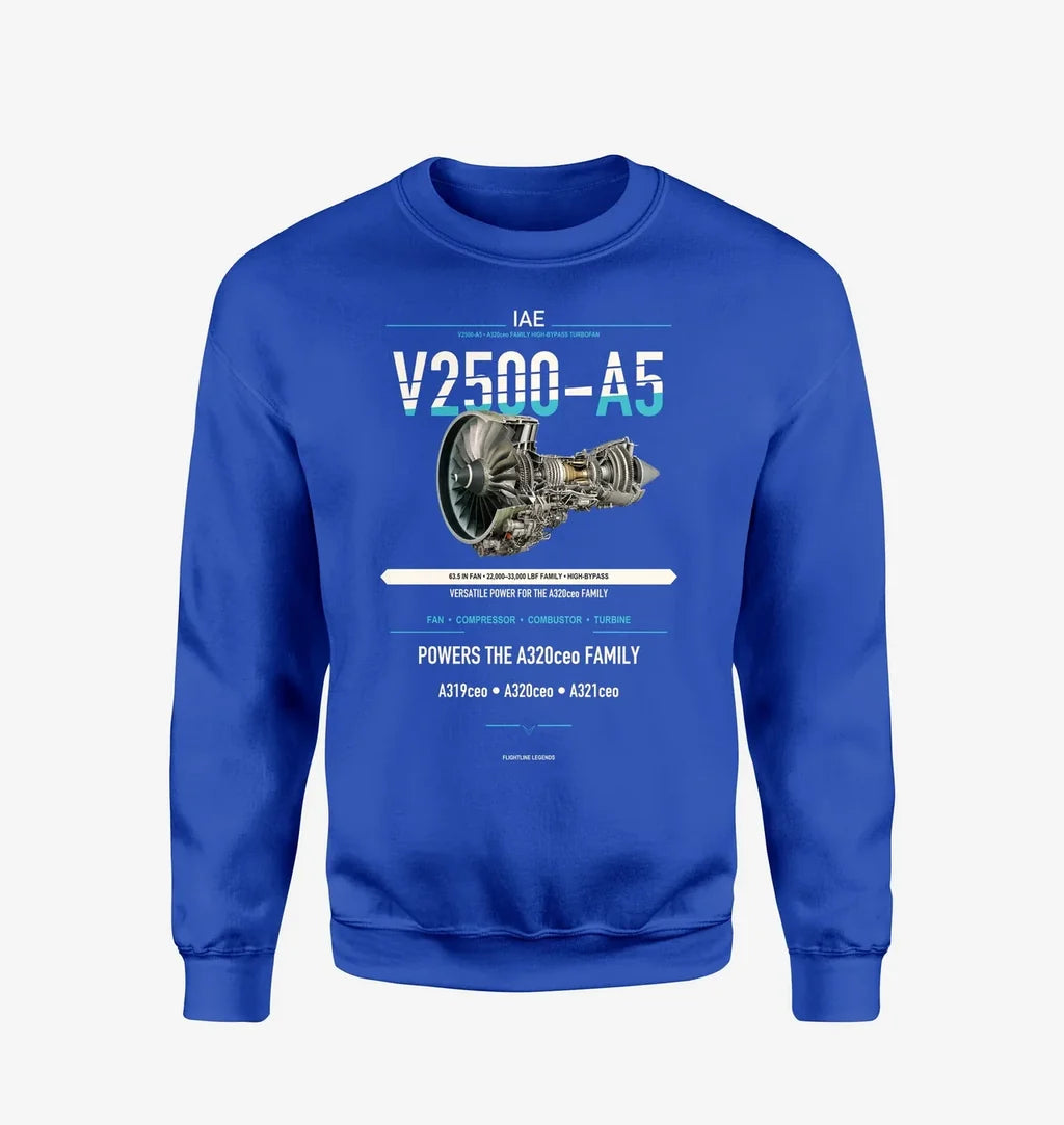 V2500-A5 design on blue sweatshirt