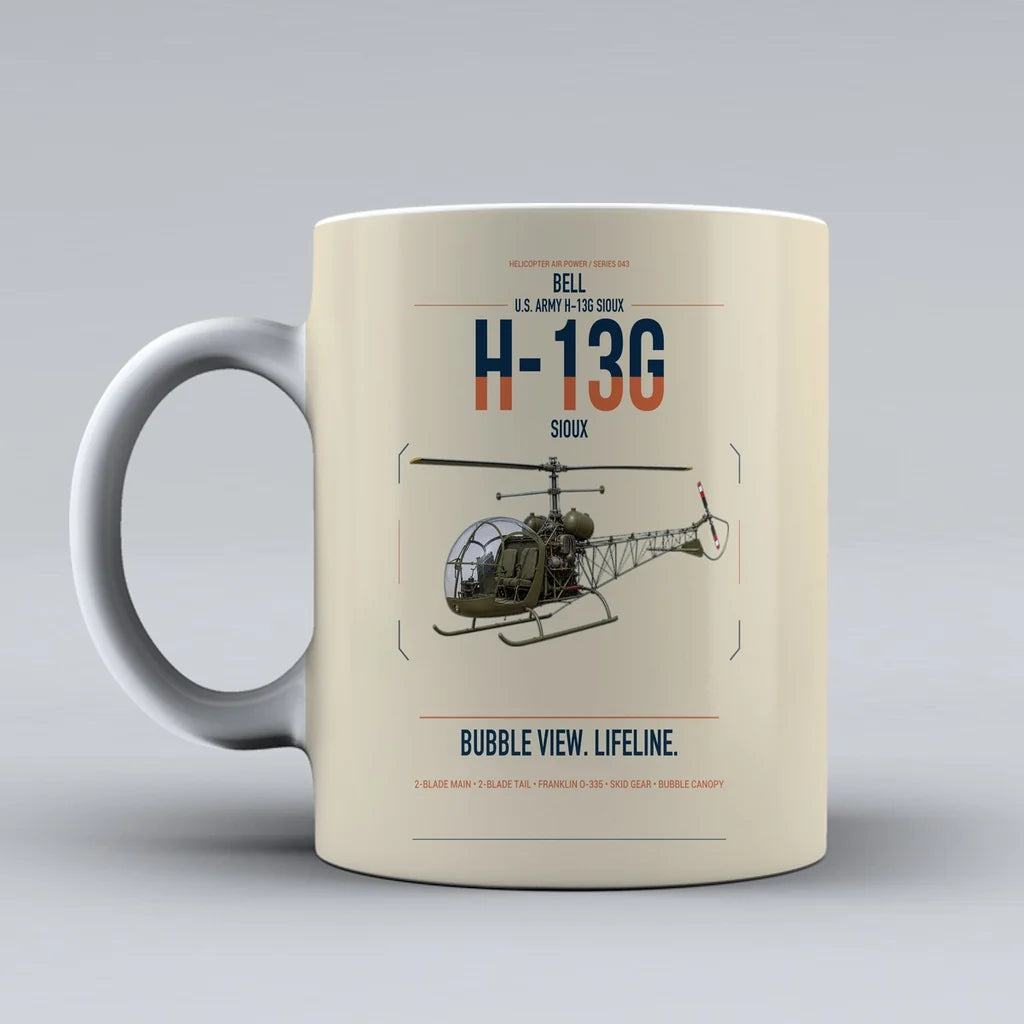 Bell H-13G Sioux design on beige ceramic mug, double-side print