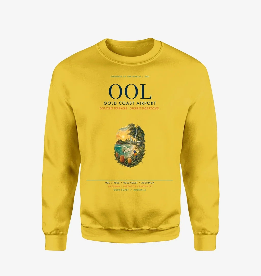 Gold Coast Airport (OOL) design on yellow sweatshirt