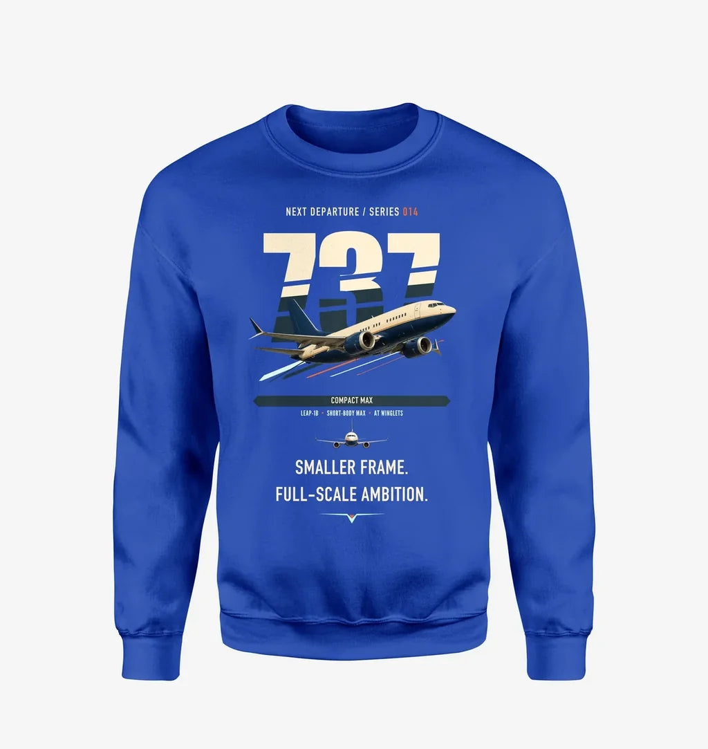 Boeing 737 MAX 7 design on blue sweatshirt