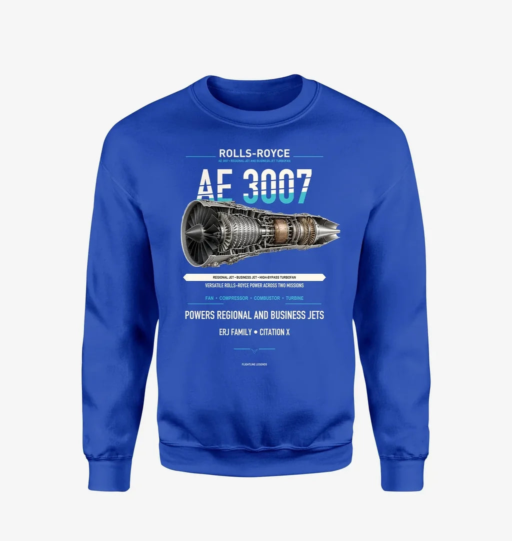 AE 3007 design on blue sweatshirt