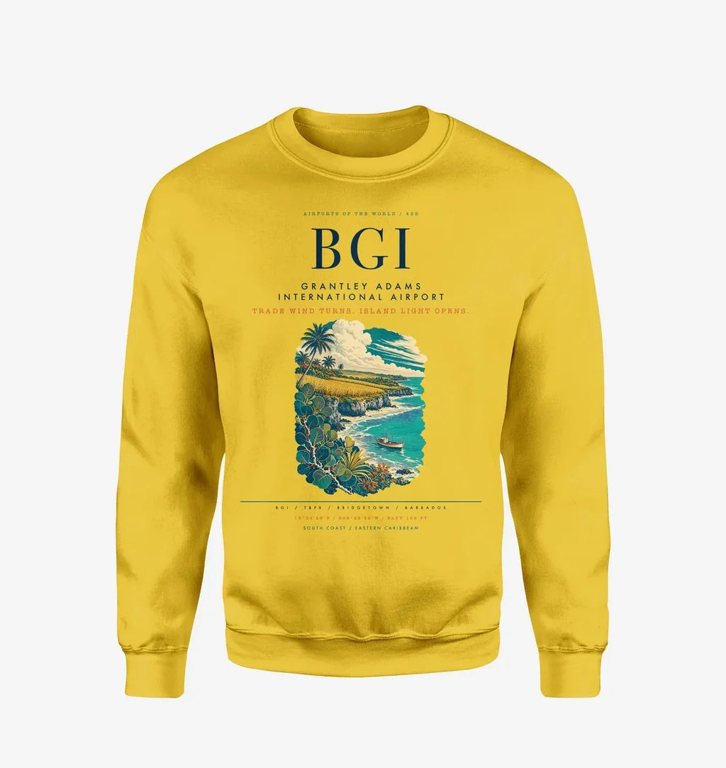 Grantley Adams International Airport (BGI) design on yellow sweatshirt