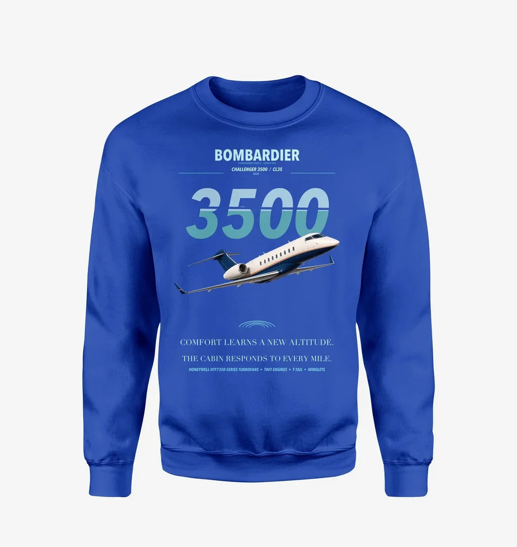 Bombardier Challenger 3500 design on blue sweatshirt