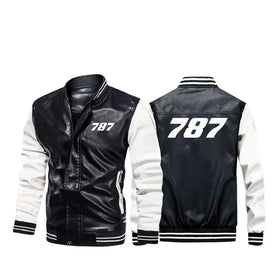 Boeing 787 Flat Text Stylish Leather Bomber Jackets