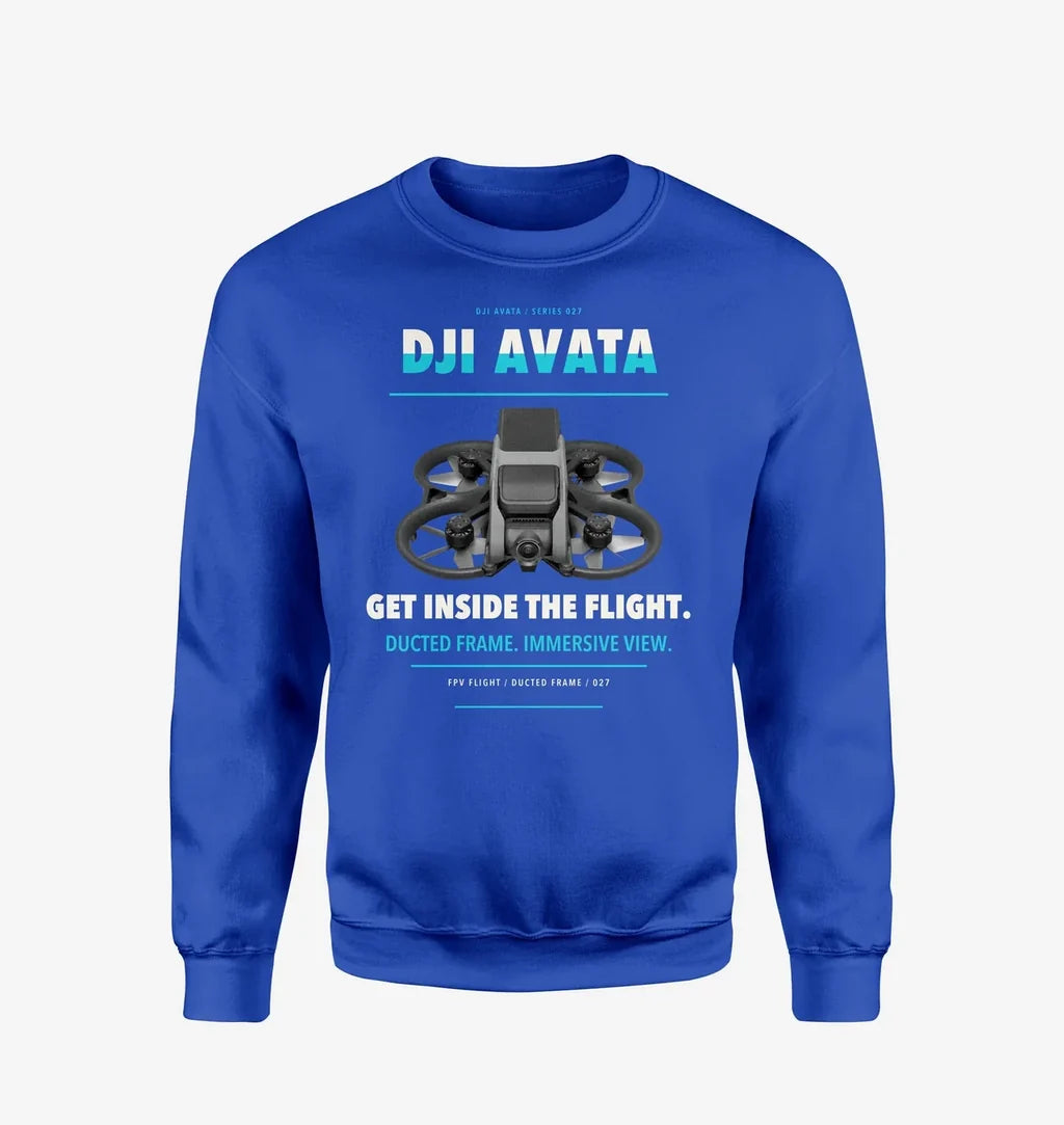 DJI Avata design on blue sweatshirt